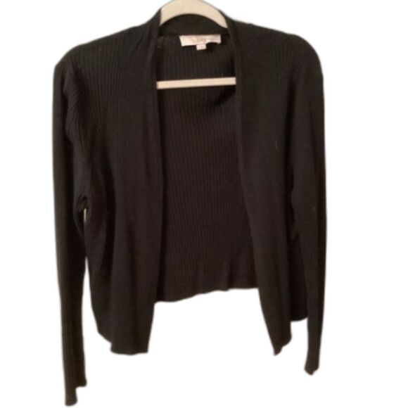 ANN TAYLOR LOFT SIZE LARGE PETITE BLACK COTTON SILK RIBBED CARDIGAN SWEATER - Picture 1 of 6